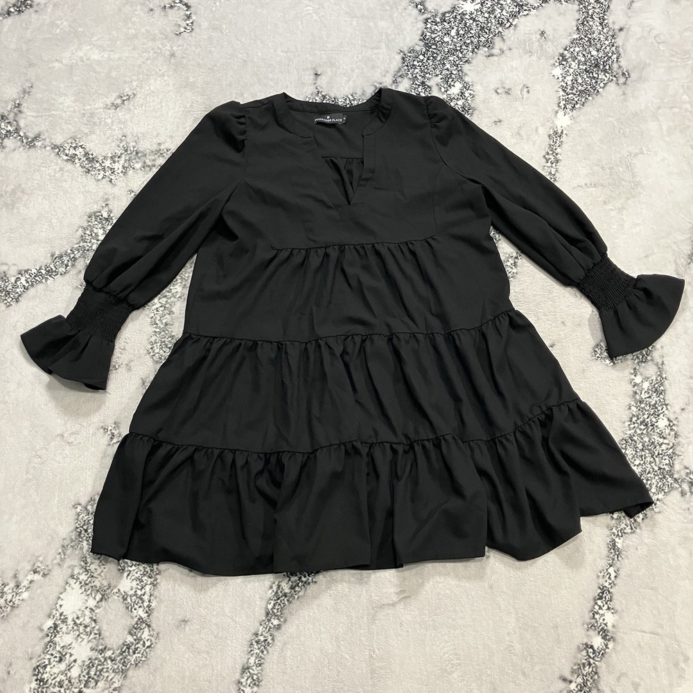 Pomander Place Black Tiered Mini Dress Womens Sz XL Smocked Cuff Babydoll Shift